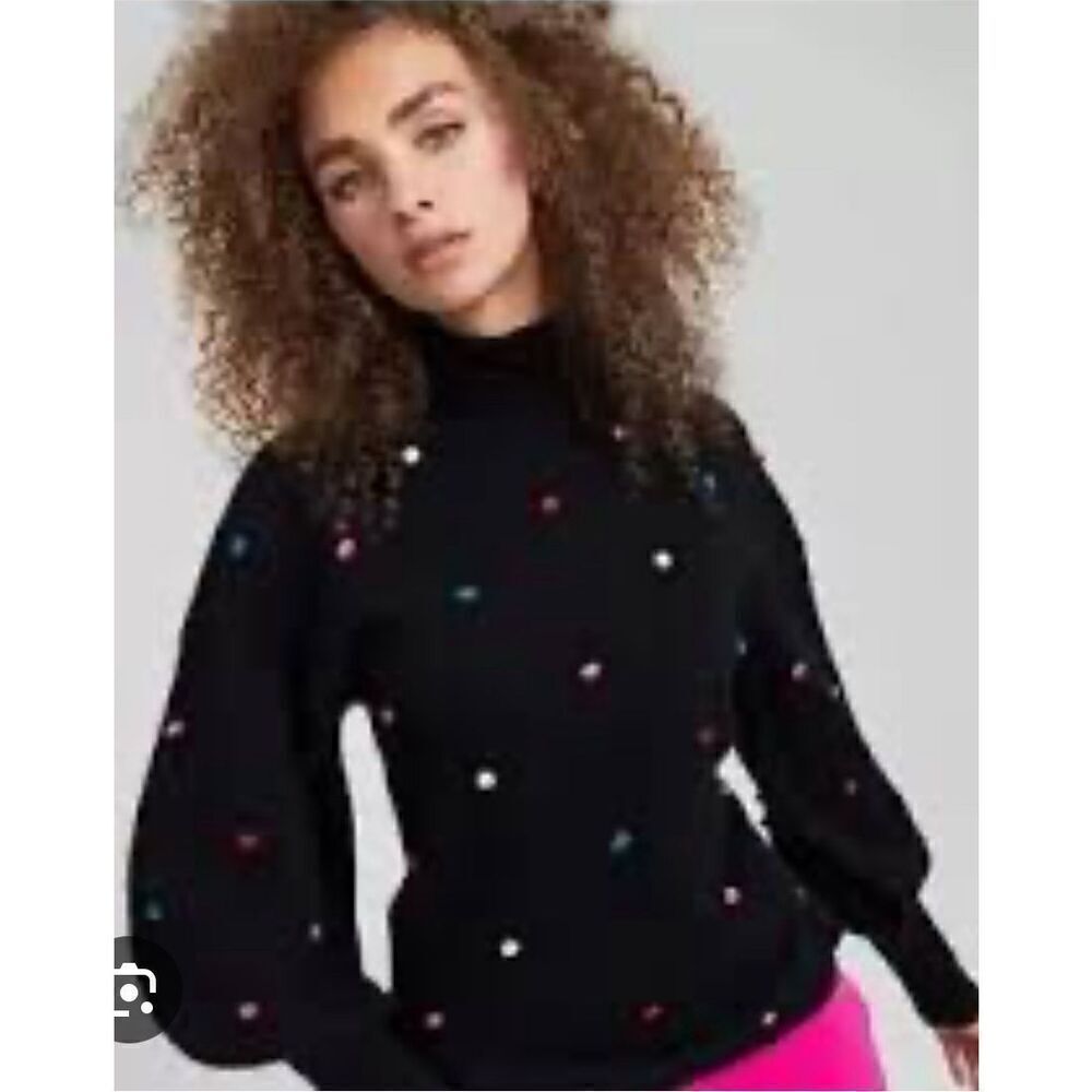 Charter Club Luxury Black With Multi PomPom 100% Cashmere Seeater NWT Size Small
